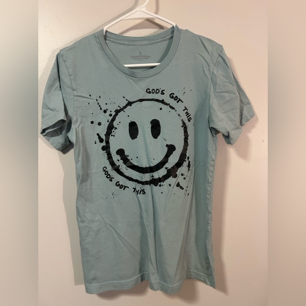 T-shirt Blue & Black Short Sleeve Tees Smiley Face size S “GODS GOT THIS” logo